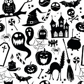 Vector illustration Black and white seamless background abstract pattern for halloween with pumpkin,  candy, ghost, spider, bat, witch hat, cat, broom, cauldron, owl, castle, house, scull, coffin, bones. Flat silhouette style