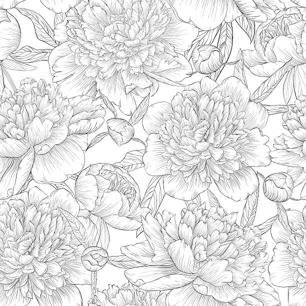 black and white seamless background. peonies with leaves and bud. beautiful monochrome black and white seamless background. peonies with leaves and bud. for greeting cards and invitations of wedding, birthday, Valentine's Day, mother's day and other seasonal holiday flowers tattoos stock illustrations