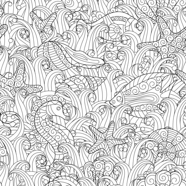 Black And White Seamless Pattern For Coloring Book Sea Life Vector Art Illustration