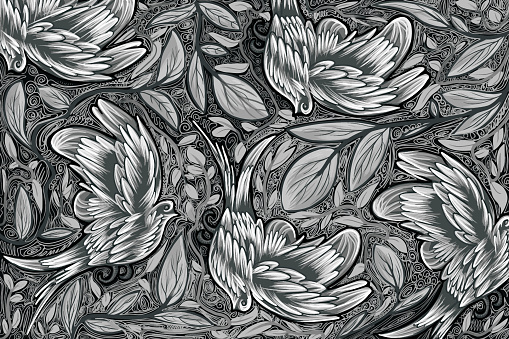 Black and white seamless pattern with birds