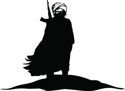 A black and white silhouette of a terrorist