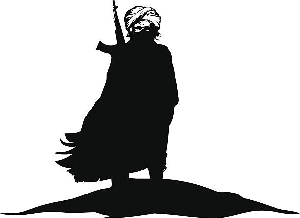 A black and white silhouette of a terrorist vector art illustration