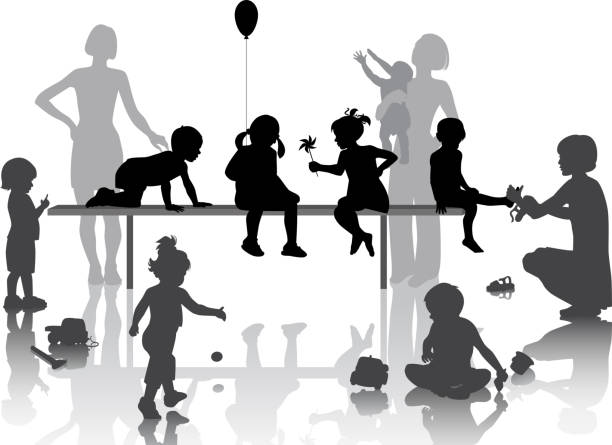 Black and white silhouettes of children playing eight children play with some toys with mothers toddler stock illustrations