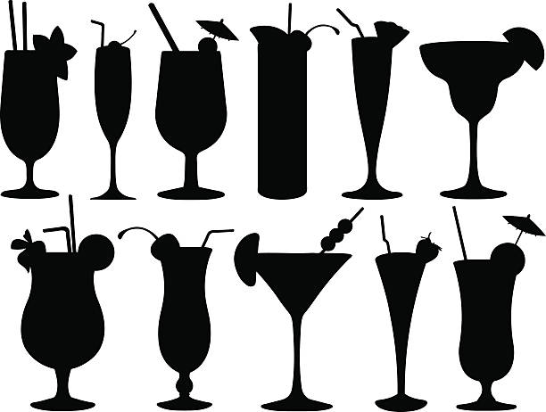 Black and white silhouettes of cocktail glasses Set of cocktail glasses isolated  alcohol drink silhouettes stock illustrations