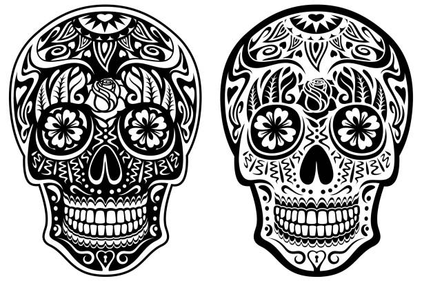 Black and White Sugar Skulls Vector illustration of a black and white sugar skull and its inverse, white and black version. Illustration uses no gradients, meshes or blends, only black and white solid color. Each skull is on its own layer, easily separated from the other in a program like Illustrator, etc. Includes AI10-compatible .eps format, along with a high-res .jpg. skulls tattoos stock illustrations