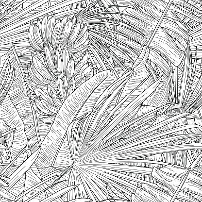 Black and White Tropical Banana Leaf Seamless Pattern