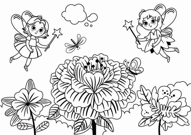 Black and White Two Fairies and Flowers Black and white two fairies flying near flowers. Vector illustration. butterfly fairy flower white background stock illustrations