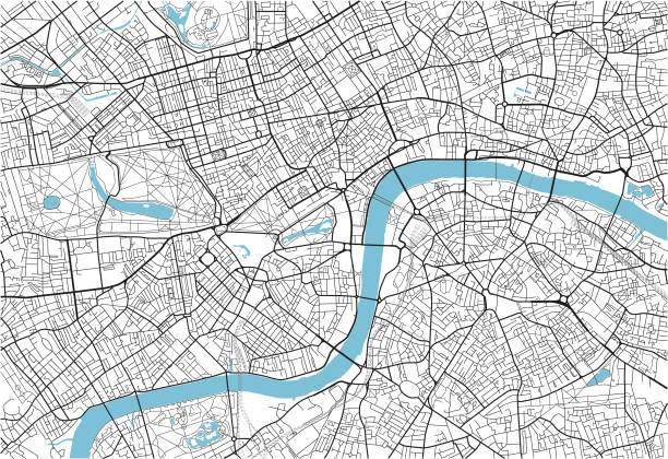 schwarz / weiß vektor stadtplan von london mit gut organisierten getrennten schichten. - london stock-grafiken, -clipart, -cartoons und -symbole