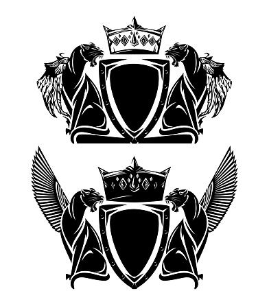 black and white vector heraldry with king crown and pair of mythical winged panthers