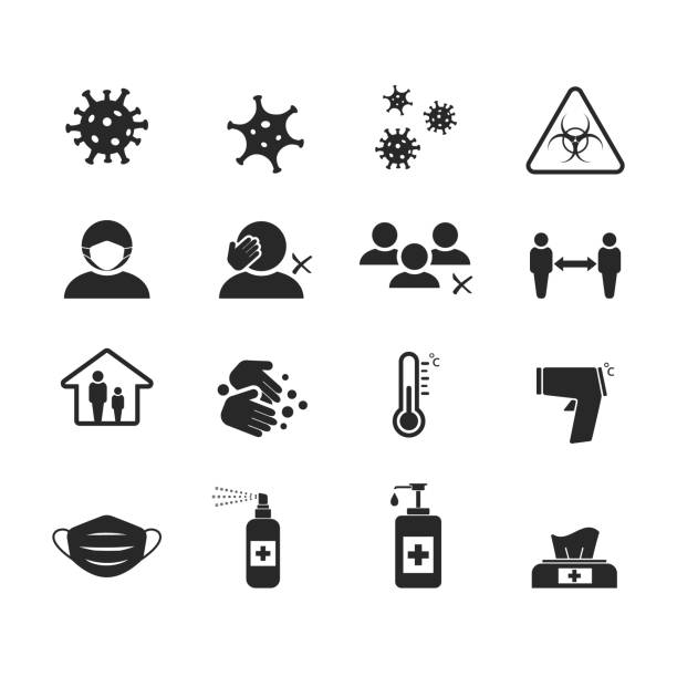 Black and white vector icon set for Covid-19 symbol for covid-19 activities covid mask stock illustrations