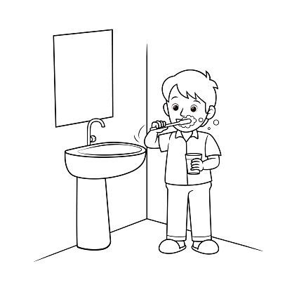 Black and white vector illustration of a children's activity coloring book page with a picture of a child brushing teeth.