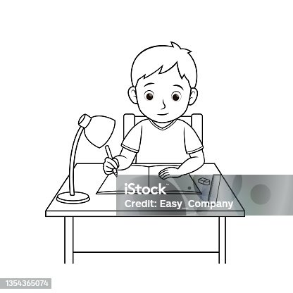 istock Black and white vector illustration of a children's activity coloring book page with a picture of a boy reading a book. 1354365074