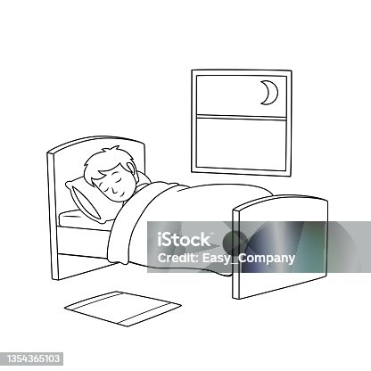 istock Black and white vector illustration of a children's activity coloring book page with a picture of a sleeping boy. 1354365103
