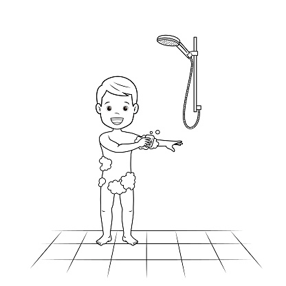 Black and white vector illustration of a kids activity coloring book page with a picture of a child taking a shower.