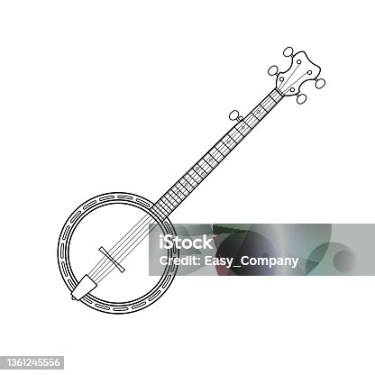 istock Black and white vector illustration of children's activity coloring book pages with pictures of Instrument banjo. 1361245556