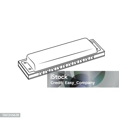 istock Black and white vector illustration of children's activity coloring book pages with pictures of Instrument harmonica. 1361245628