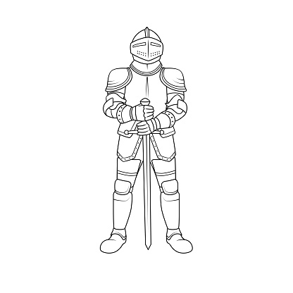 Black and white vector illustration of children's activity coloring book pages with pictures of Character knight.