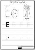 istock Black and white vector illustration of Engineer with alphabet letter E Upper case or capital letter for children learning practice ABC 1359070004