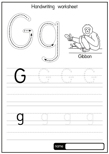 Black and white vector illustration of Gibbon with alphabet letter G Upper case or capital letter for children learning practice ABC