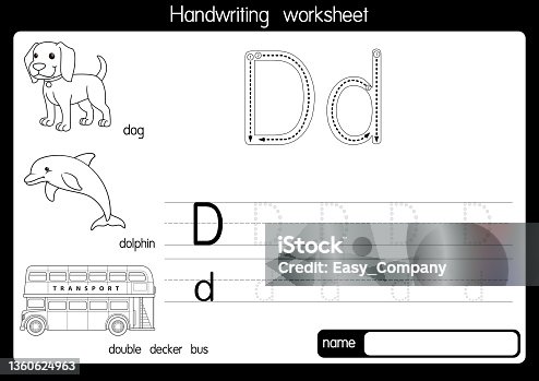 istock Black and white vector illustration of  with alphabet letter D Upper case or capital letter for children learning practice ABC 1360624963