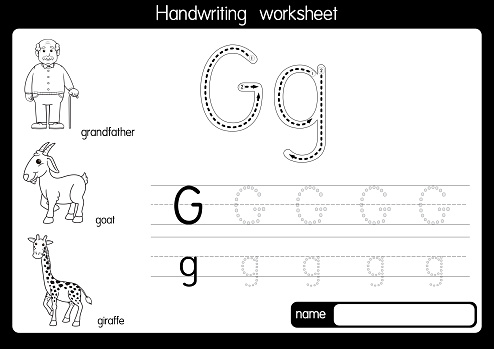Black and white vector illustration of  with alphabet letter G Upper case or capital letter for children learning practice ABC