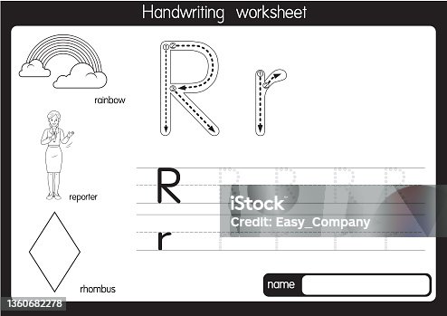 istock Black and white vector illustration of  with alphabet letter R Upper case or capital letter for children learning practice ABC 1360682278
