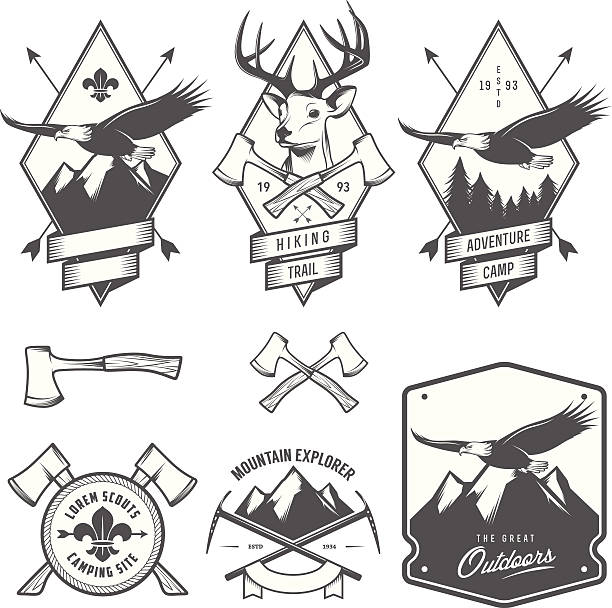Black and white vintage hiking and camping labels Vintage hiking and camping labels, badges and design elements. boy scout camp stock illustrations