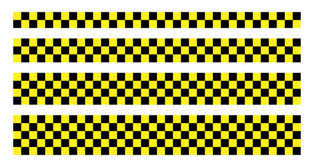 Black and yellow vector check stripe set. Seamless rcktangle decorative line tape illustration. Black and yellow vector check stripe set. Seamless rcktangle decorative line tape illustration. chess borders stock illustrations