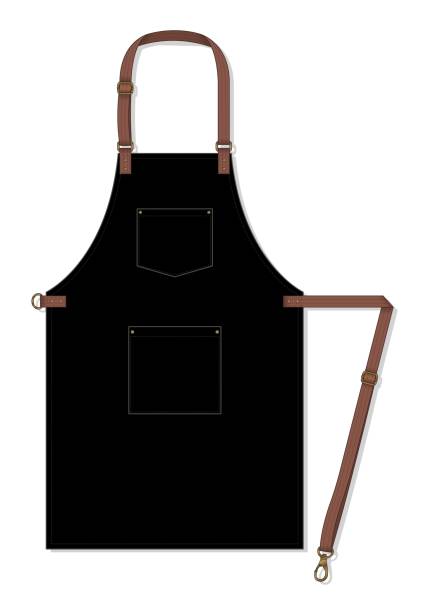 Black Apron Design With Leather Adjustable Strap And Two Pocket On White Background Vector Flat View apron stock illustrations
