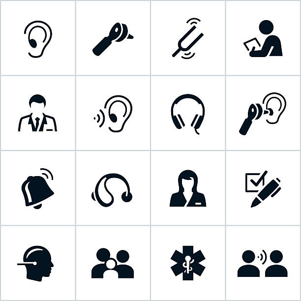 Black Audiology Icons Audiology related icons. The icons show ear tests, audiology equipment and medical professionals in the audiology healthcare field. hearing aids stock illustrations