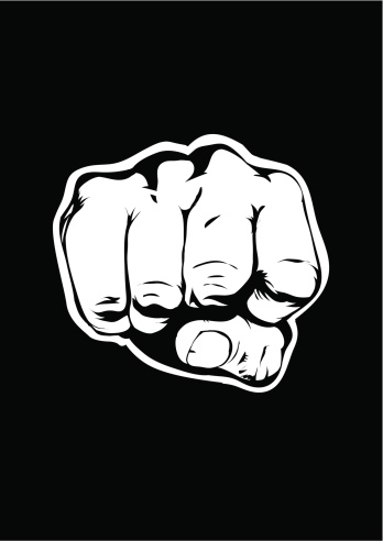 Black background with illustration of a fist