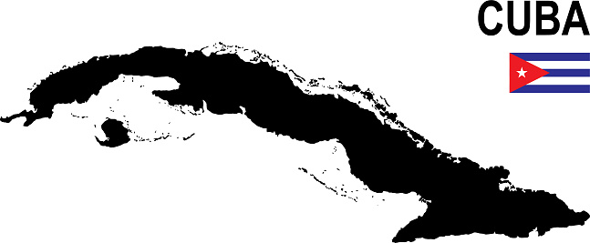 Black basic map of Cuba with flag against white background