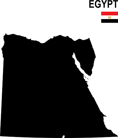Black basic map of Egypt with flag against white background