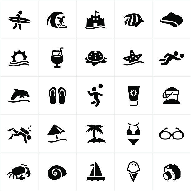 Black Beach and Recreation Icons Beach, vacation, recreation, summer, leisure activities icons, symbols. All strokes/shapes are cut from the icons and merged. sunscreen stock illustrations