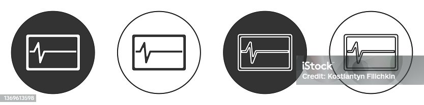 istock Black Beat dead in monitor icon isolated on white background. ECG showing death. Circle button. Vector 1369613598