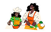 Beautiful african american woman preparing salad with her child. Time with your child. Cooks for dinner together. Girl in chef's hat. Vector illustration on white background.