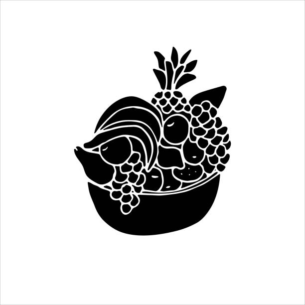 Black bowl of fruit silhouette. Vector illustration of a bowl of fruit silhouette isolated on white background. Hand drawn black icon. banana silhouettes stock illustrations