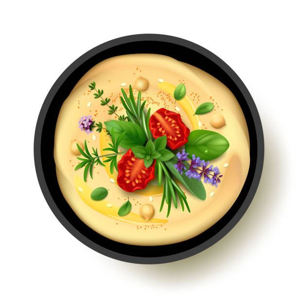 schwarze schüssel hummus mit sonnengetrockneten tomaten und kräutern de provence isoliert auf weißem hintergrund, ansicht von oben - hummus stock-grafiken, -clipart, -cartoons und -symbole