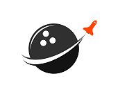 Black bowling ball with space ship gliding