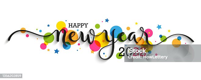 istock HAPPY NEW YEAR 2022 black brush calligraphy banner with colorful circles 1356202859