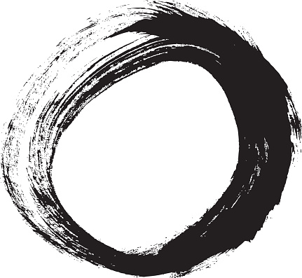 Black brush stroke in the form of a circle. Drawing created in ink sketch handmade technique. Isolated on white background.