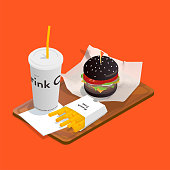 black burger menu on wooden tray. 30° isometric projection