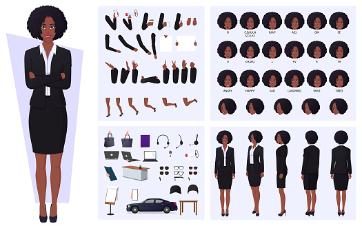 Black Business Woman Cartoon Character Set with Gestures, Expressions and Hand Gestures Premium Vector