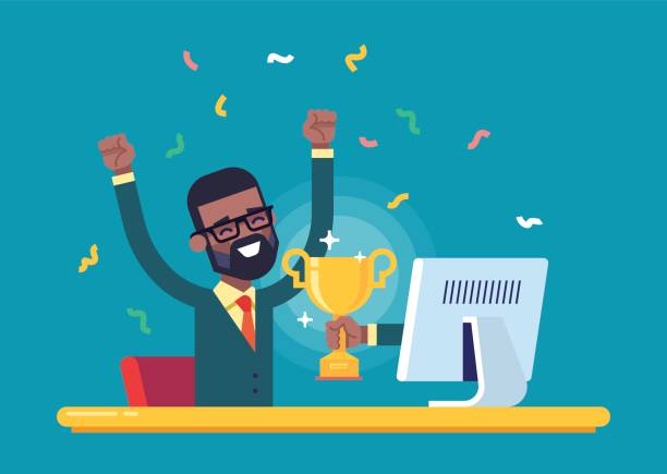 Black businessman got a gold award from monitor. Handsome african american businessman got a gold award in the online contest from monitor. Modern male character. Flat vector. award illustrations stock illustrations