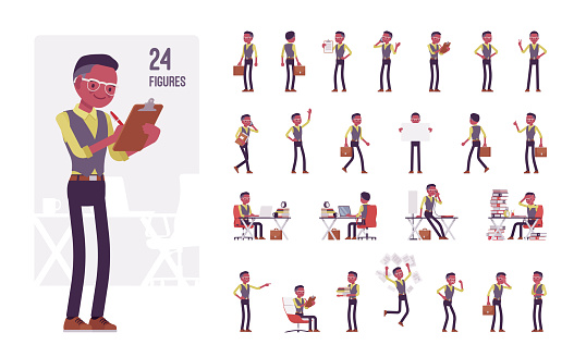 Black businessman, man, formal office workwear character set pose sequence