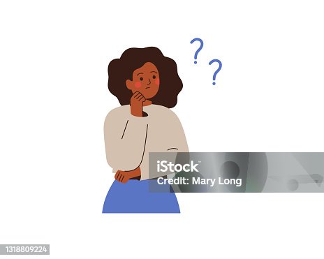 istock Black businesswoman thinks about something and looks at question marks. Thoughtful African girl makes the decision or explains some things for herself. 1318809224