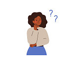 istock Black businesswoman thinks about something and looks at question marks. Thoughtful African girl makes the decision or explains some things for herself. 1318809224