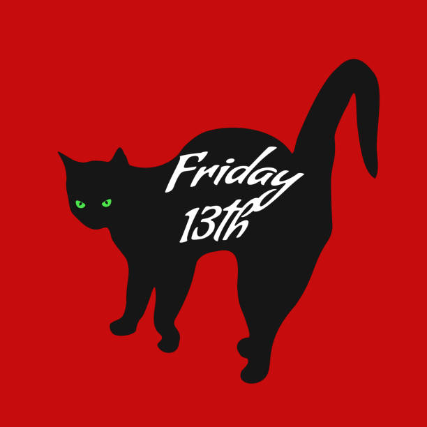 Black cat with inscription on back Friday the 13th on red background, vector eps 10 Black cat with inscription on back Friday the 13th isolated on red background. Spooky kitty dark shadow with green eye, vector design eps 10 friday the 13th stock illustrations