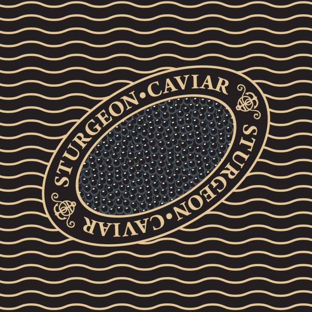 black caviar on oval dish on background of waves Vector label for sturgeon black caviar in oval frame on the waves background. Design element for fish-menu, banners, wrapping paper. roe stock illustrations