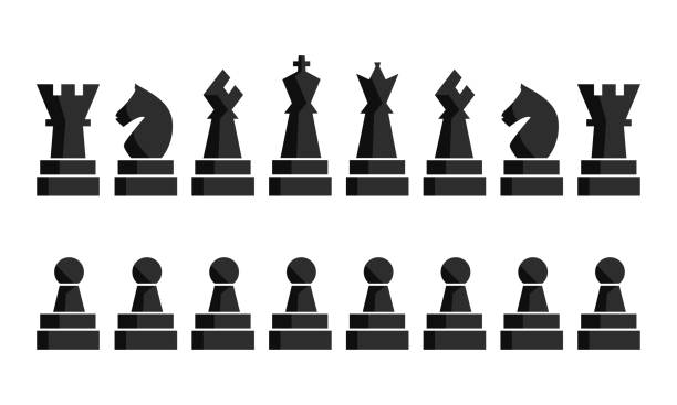 Black chess icons set board figures. Vector illustration pieces. Nine Black chess icons set. Chess board figures. Vector illustration chess pieces. Nine different objects including king, queen, bishop, knight, rook, pawn chess silhouettes stock illustrations